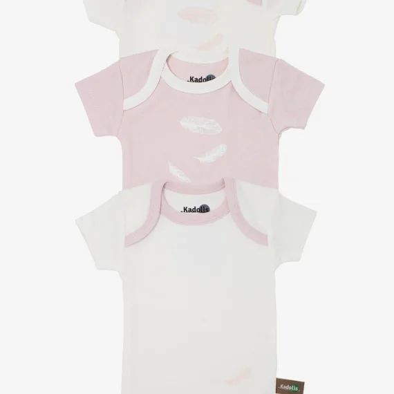 Body Manches Courtes En Coton Bio À Motifs Plumes (lot De 3) Rose Pâle