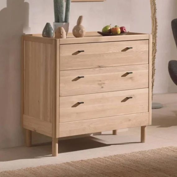 Commode 3 Tiroirs En Chêne Massif Hauteur 95cm Romane Beige