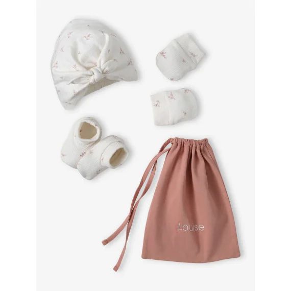 Ensemble naissance fille bonnet + moufles + chaussons + pochon personnalisable rose