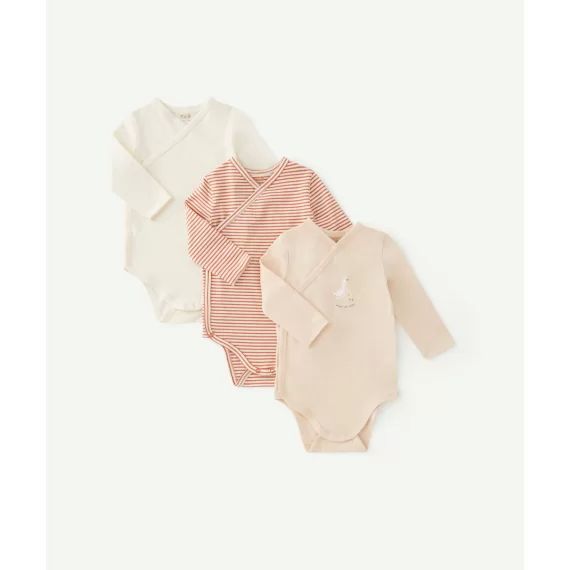 Lot de 3 bodies en coton biologique beige écru et rayé –  – Soldes
