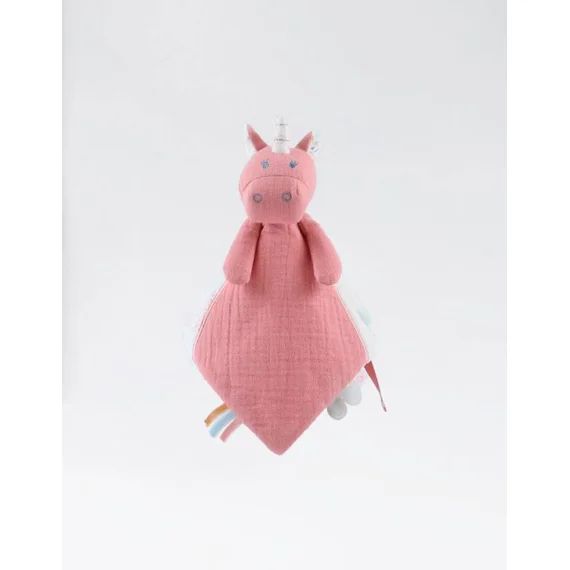 Doudou Licorne Lina en mousseline – NOUKIE&rsquo;S – Doux et rassurant – Etiquettes stimulantes – Attache-velcro blanc