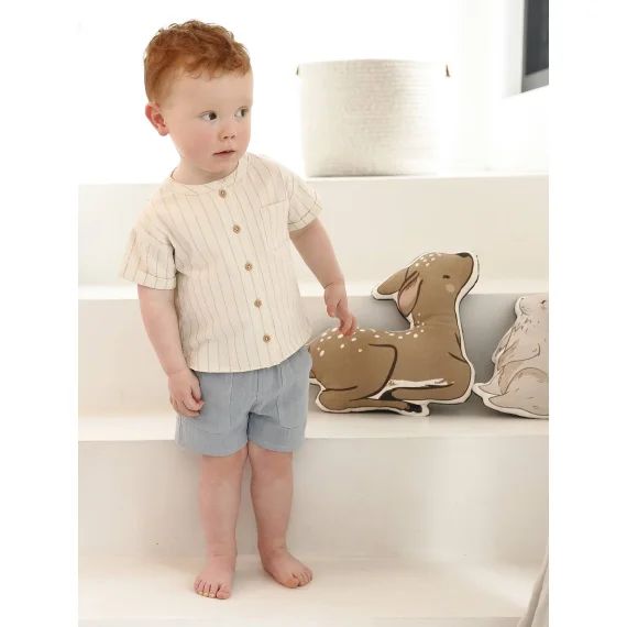 Ensemble bébé chemise rayée effet lin + short en gaze bleu grisé