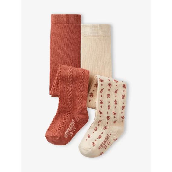 Lot de 2 paires de collants à fleurs/torsades bébé fille vieux rose