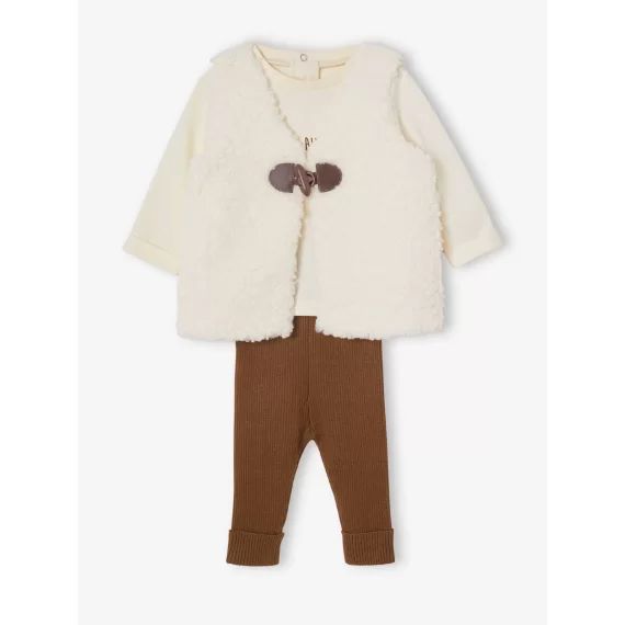Ensemble 3 pièces bébé : gilet en fausse fourrure, T-shirt et legging beige