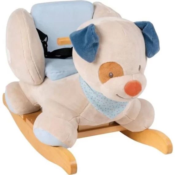 NATTOU Bascule Jim le chien – Peluche 100% polyester, socle et poignées en bois – De 10 à 36 mois environ beige
