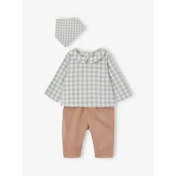 Ensemble bébé chemise body + pantalon velours + bandana vert sauge