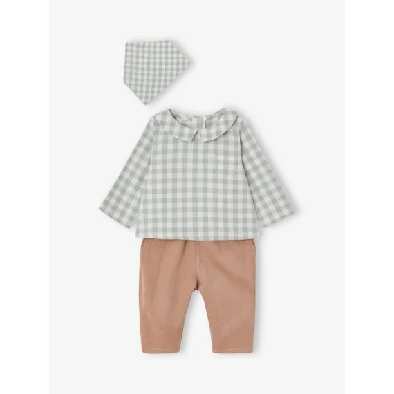 Ensemble bébé chemise body + pantalon velours + bandana vert sauge