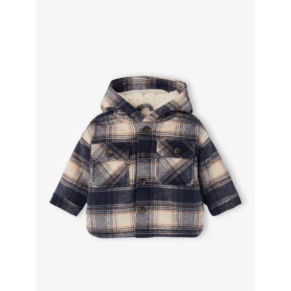 Manteau à capuche en drap de laine à carreaux bébé doublé sherpa marine