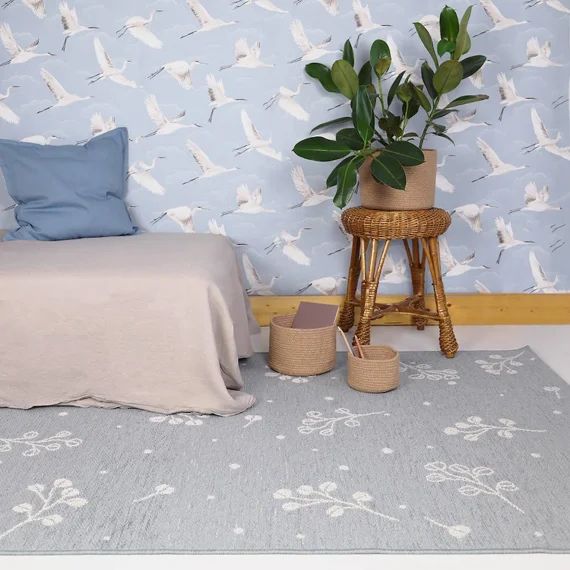 Tapis Motif Végétal Little Nature Bleu Gris