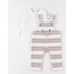 Set salopette rayée + t-shirt manches longues beige