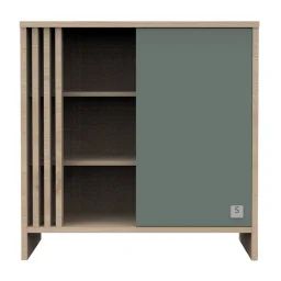 Commode 1 Porte Colorée Et 3 Niches Avec Claustra En Bois Décor Chêne Suave Vert