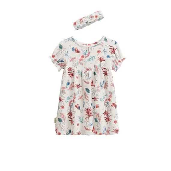 Robe Bébé – Petit Beguin – Aloha Savana – Gaze De Coton – Manches Bouffantes – Imprimés Canon Blanc