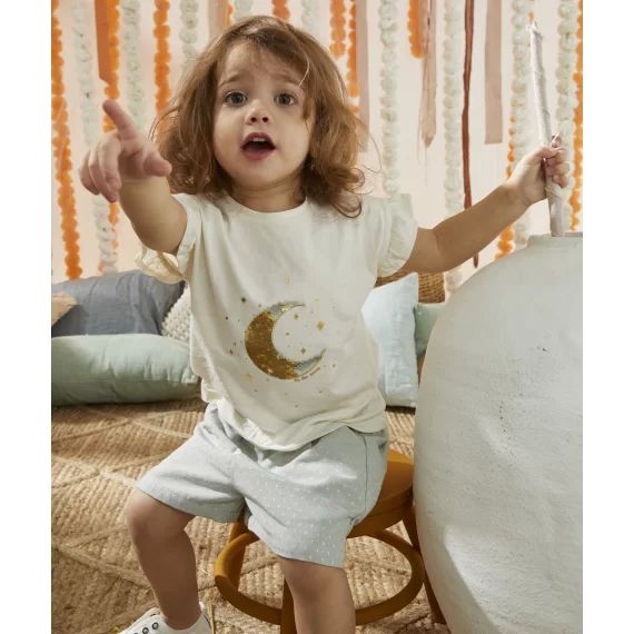 T-shirt écru bébé fille en coton biologique avec lune à sequins –  – Soldes