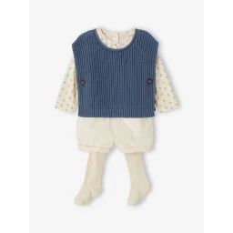 Ensemble 4 pièces bébé : T-shirt + short + pull + collant bleu jean
