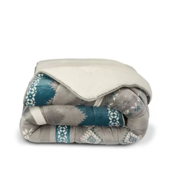 Bleu Calin Couette Sherpa Imprimée Chalet 220x240cm – Très Chaude Et Douce – Utilisation Sans Housse Blanc