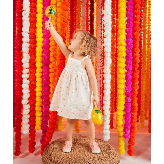 Robe bébé fille en coton gaufré écru imprimé palmiers –  – Soldes
