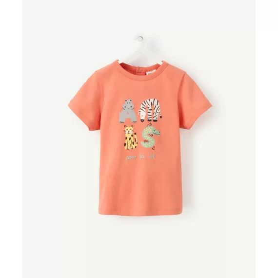 T-shirt bébé garçon en fibres recyclées rose avec message et animaux –  – Soldes