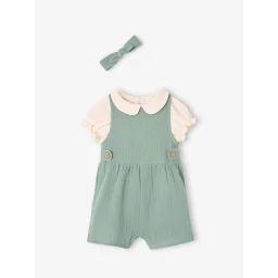 Ensemble 3 pièces bébé T-shirt, combinaison et bandeau personnalisable vert sauge