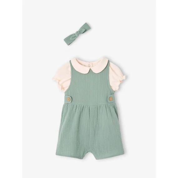 Ensemble 3 pièces bébé T-shirt, combinaison et bandeau personnalisable vert sauge