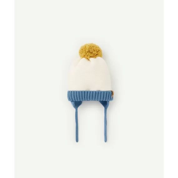 Bonnet bébé garçon avec pompon jaune écru et bleu