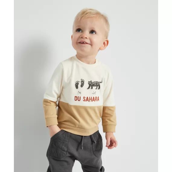 T-shirt bébé garçon en coton bio beige et écru avec message –  – Soldes