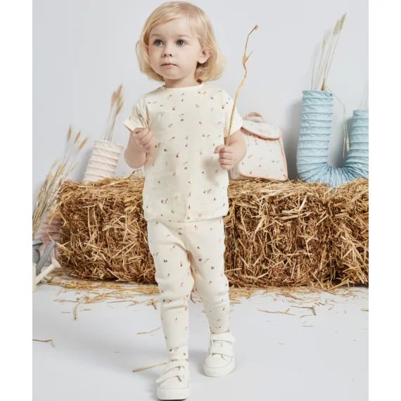 Legging bébé fille en maille côtelée et coton bio écru imprimé –  – Soldes
