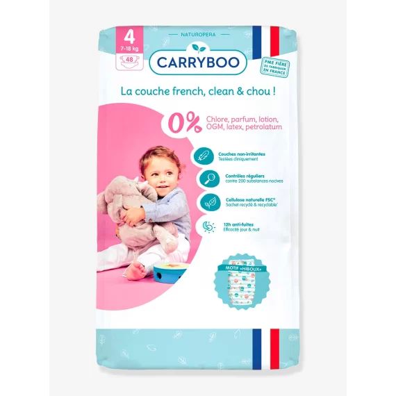 48 couches dermo-sensitives T4 (7-18 kg) CARRYBOO blanc