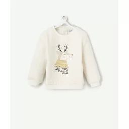 Sweat bébé garçon en fibres recyclées écru chiné motif cerf