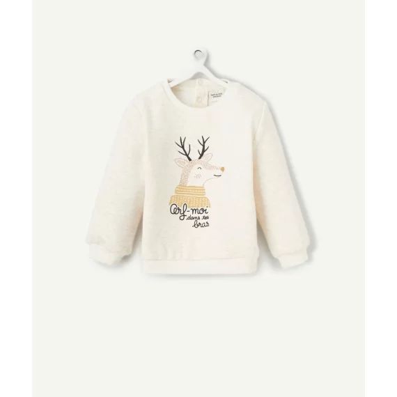 Sweat bébé garçon en fibres recyclées écru chiné motif cerf