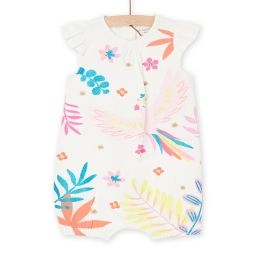 Grenouillère Courte Écrue À Imprimé Fleuris Et Animalier.