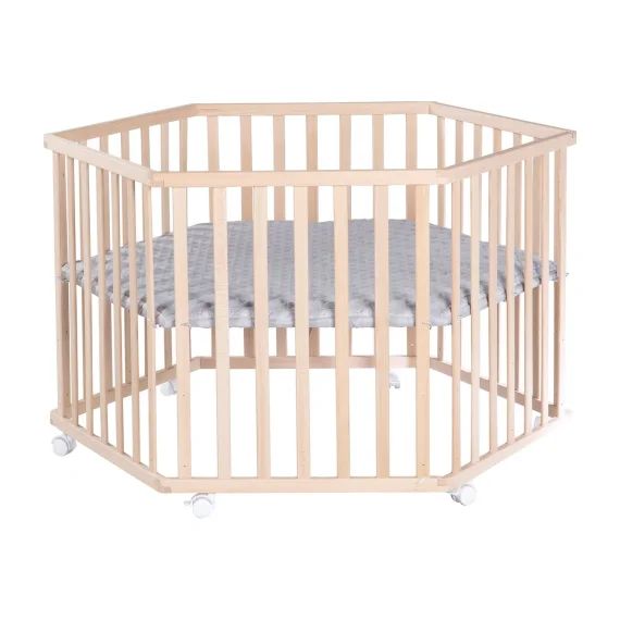 Parc Bébé Hexagonal En Hêtre Massif Bio + Tapis Déperlant Roba Style Naturel – Gris Argenté