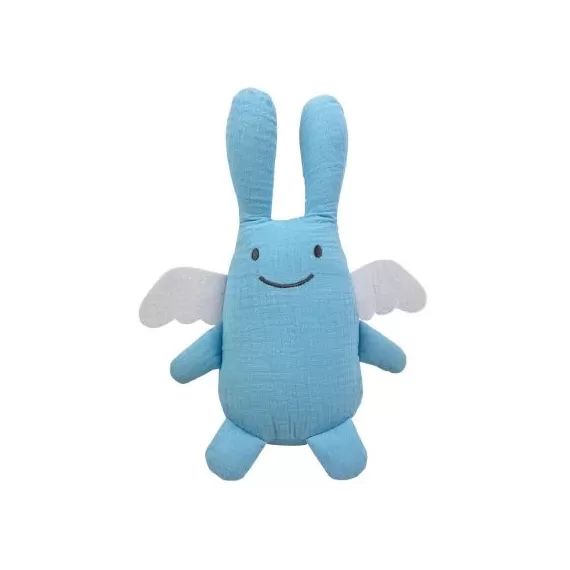 Hochet peluche ange lapin en coton bio bleu ciel (20 cm)