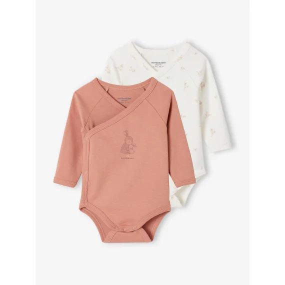 Lot 2 bodies manches longues bébé ouverture naissance en coton bio rose