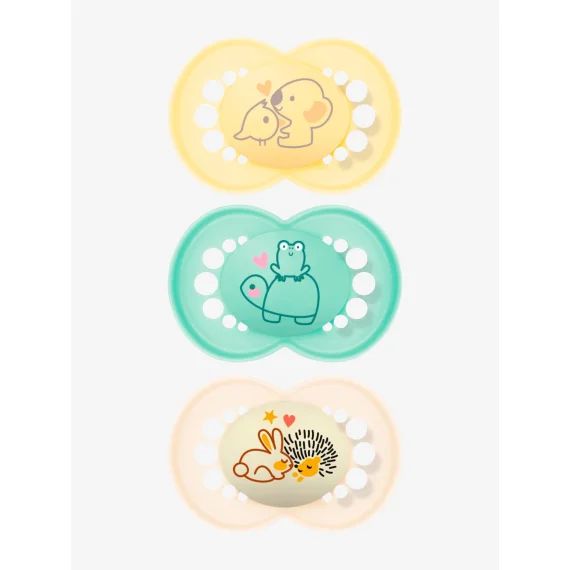 Lot de 3 sucettes en silicone MAM Original 18 mois+ jaune + vert + sable