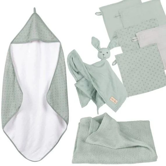 Roba Coffret Bébé Lil Planet – 8 Pcs – 1 Cape De Bain + 5 Gants De Toilette + 1 Doudou + 1 Couverture – Vert Givré / Gris Vert