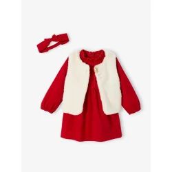 Ensemble de Noël bébé : robe, gilet en fausse fourrure, collants et bandeau assorti rouge