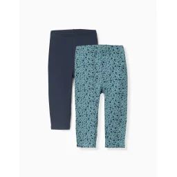 Lot De 2 Leggings Floral/uni Bleu Foncé