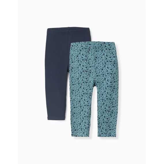 Lot De 2 Leggings Floral/uni Bleu Foncé