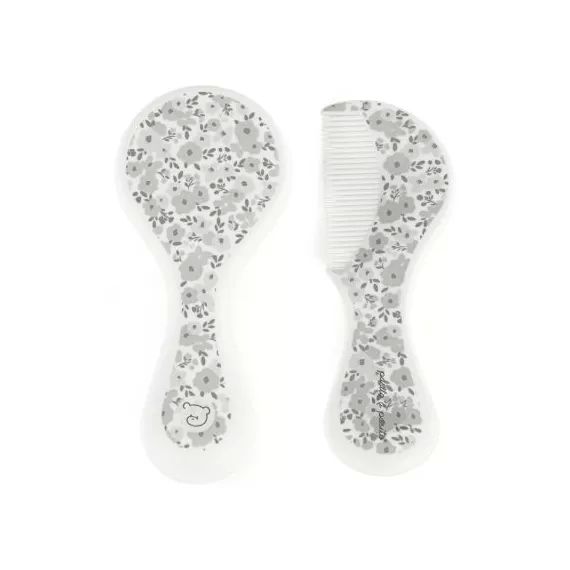 Brosse et peigne fleurs gris