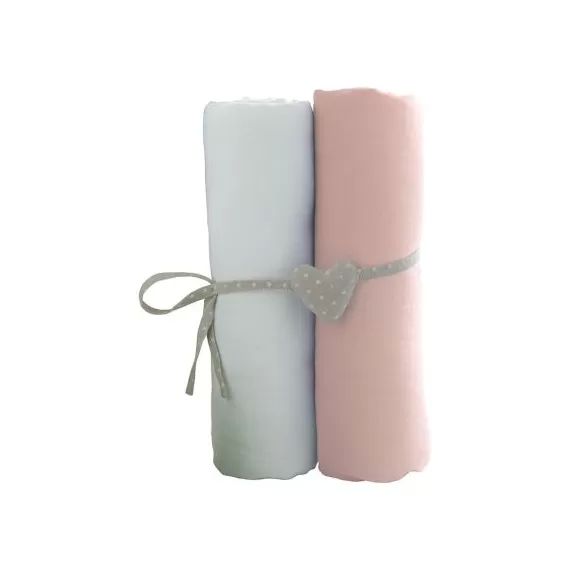 Lot de 2 draps housses blanc et rose (60 x 120 cm)