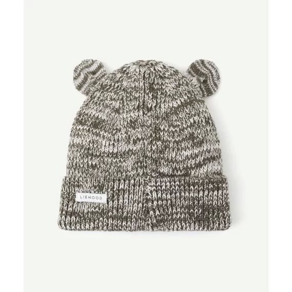 Bonnet gina en tricot côtelé et coton bio marron et écru avec oreilles d’ours