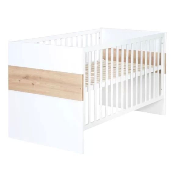 ROBA Lit Bébé Évolutif Lion Réglable sur 3 Hauteurs – 70 x 140 cm – Convertible en Lit Junior – Blanc / Décor Bois blanc
