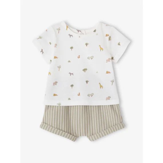 Ensemble naissance T-shirt imprimé et short rayé kaki