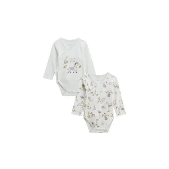 Lot De 2 Bodies Bébé Manches Longues Ouverture Croisée Baby Safari Blanc
