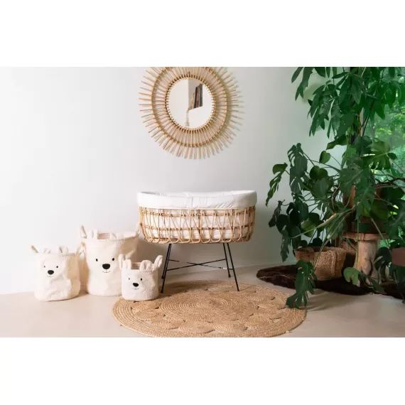 Berceau rotin bébé avec base métal matelas et habillage jersey écru