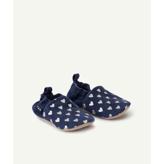 Chaussons en cuir bébé fille bleu marine avec coeurs couleur argentée –  – Soldes