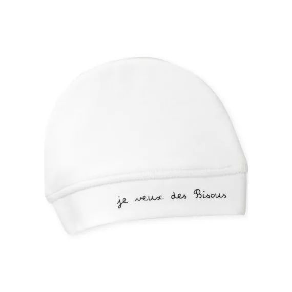 Bonnet bébé en velours blanc Je veux des bisous (0-1 mois)