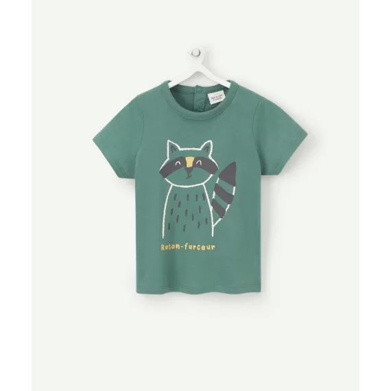 T-shirt bébé garçon en coton bio vert avec raton laveur –  – Soldes