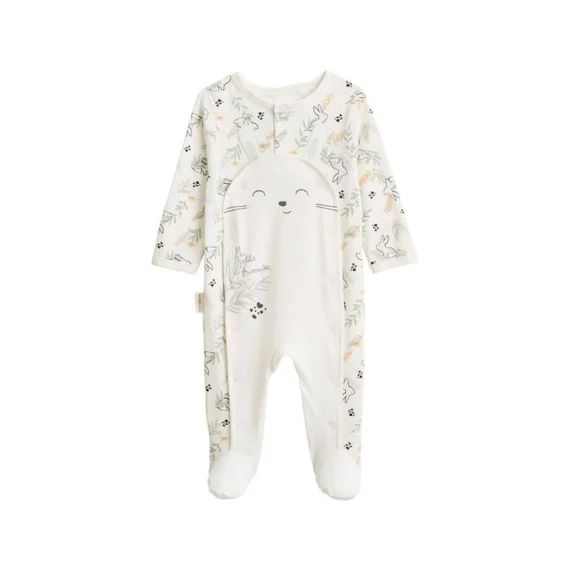 Grenouillère Bébé Petit Beguin – Ouverture Pont – Oreilles De Lapin Brodées – Ecru/blanc Blanc