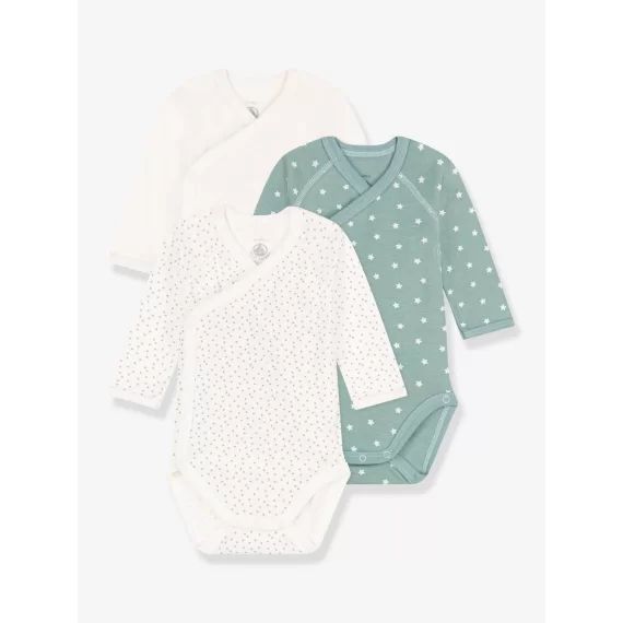 Lot de 3 bodies croisés manches longues en coton PETIT BATEAU blanc imprimé